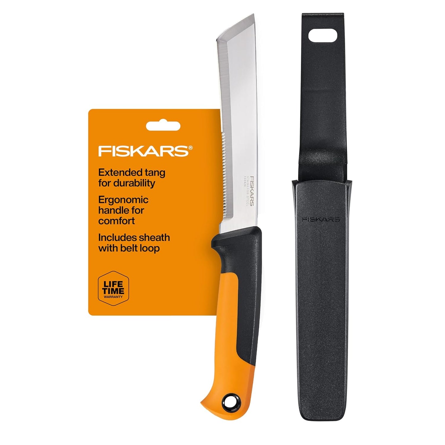 Fiskars Harvesting Knife for Produce, 6" Blade, Serrated Edge Hand Tool Perfect for Vegetables, Extended Tang Design, Garden Harvesting & Food Prep Knife, Sheath Included, Gardening Gifts for Women