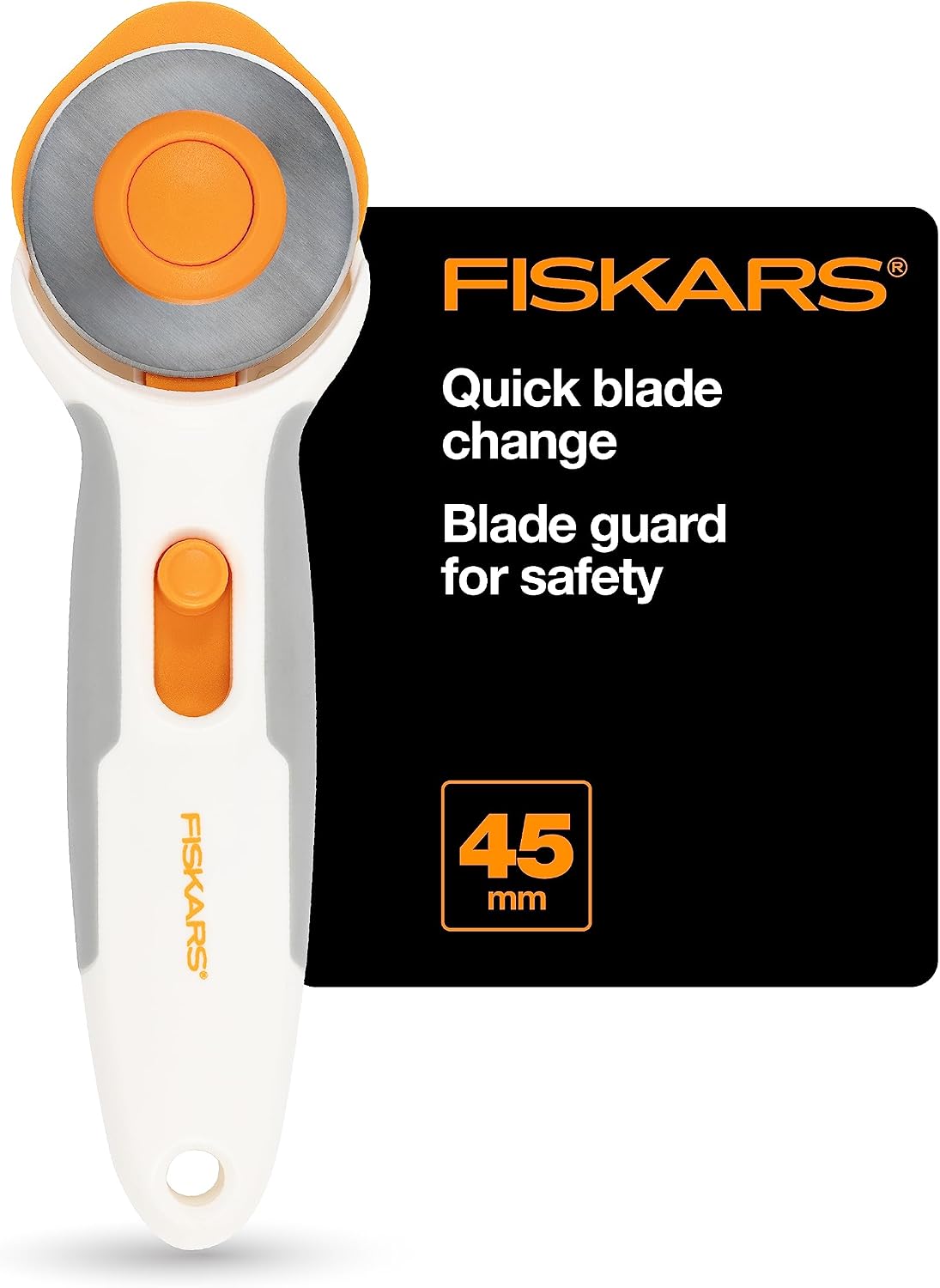 Fiskars Rotary Cutter, Titanium Carbide Blade 3x Harder Than Steel, Perfect for Fabric Felt & Vinyl, 45mm Precision Steel, 7mm Exposure, SoftGrip Ergonomic Handle, Multi-Angle Cutting