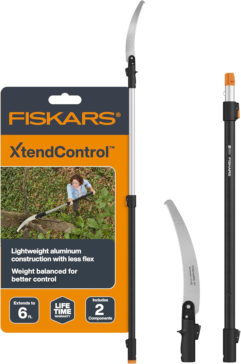 Fiskars XtendControl 6' Tree Pruner with 15" X1 Triple-Grind Saw, Single 3-6 Ft Extension Pole, Compact Pole Saw for Close-Range Branch Trimming, Doubles as Handheld Saw, Aluminum, Orange