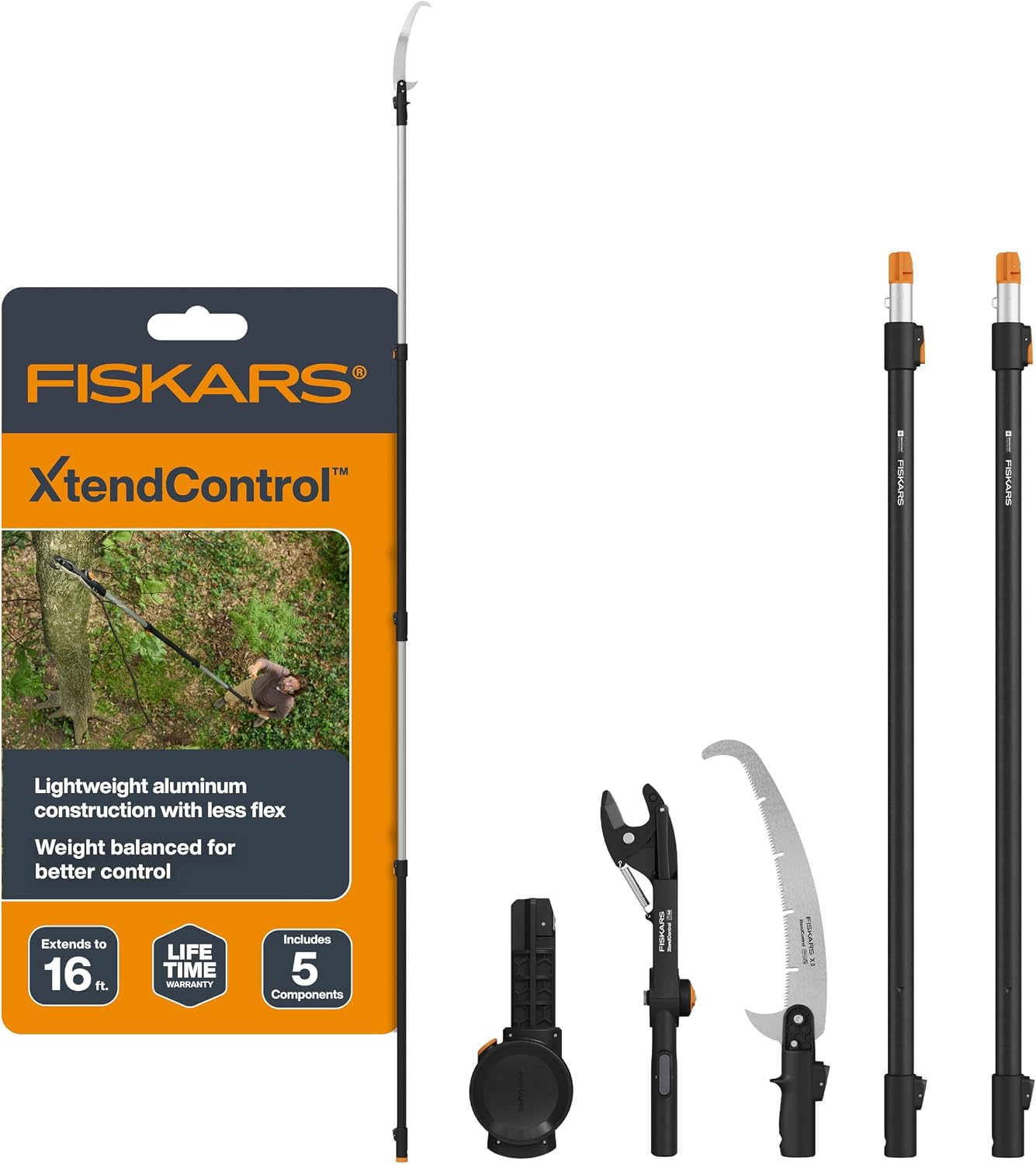 Fiskars XtendControl 16' Tree Pruner Kit with Rotating Pruner Head, 15" X3 Double-Hooked Saw, Two 4-8 Ft Extension Poles, Cuts Branches up to 1.25", Pivots 45 Degrees, Lightweight Aluminum