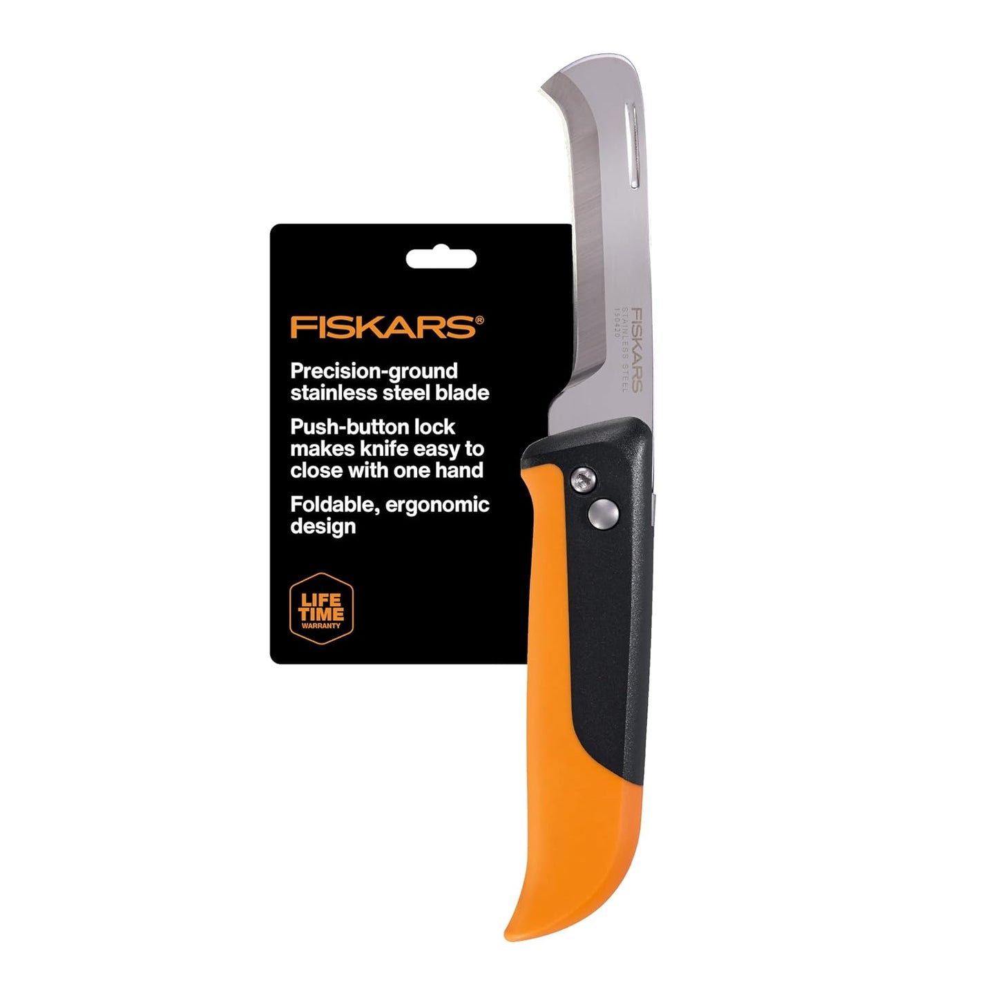 Fiskars Folding Produce Knife, Gardening Tool for Harvesting Produce with Foldable Ergonomic Design, Stainless Steel Curved Blade, Orange
