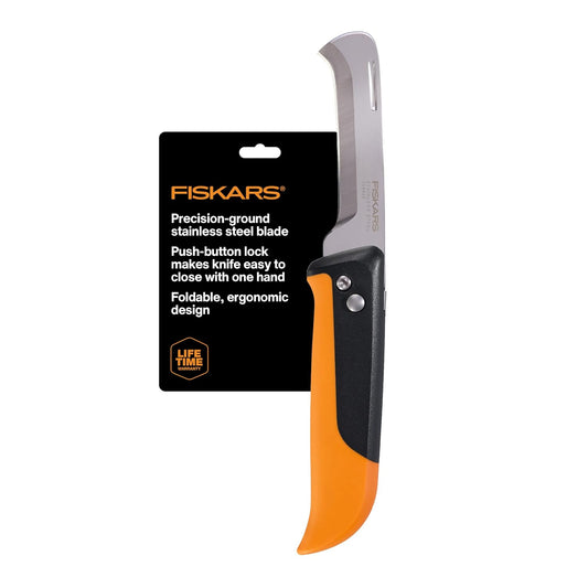 Fiskars Folding Produce Knife, Gardening Tool for Harvesting Produce with Foldable Ergonomic Design, Stainless Steel Curved Blade, Orange