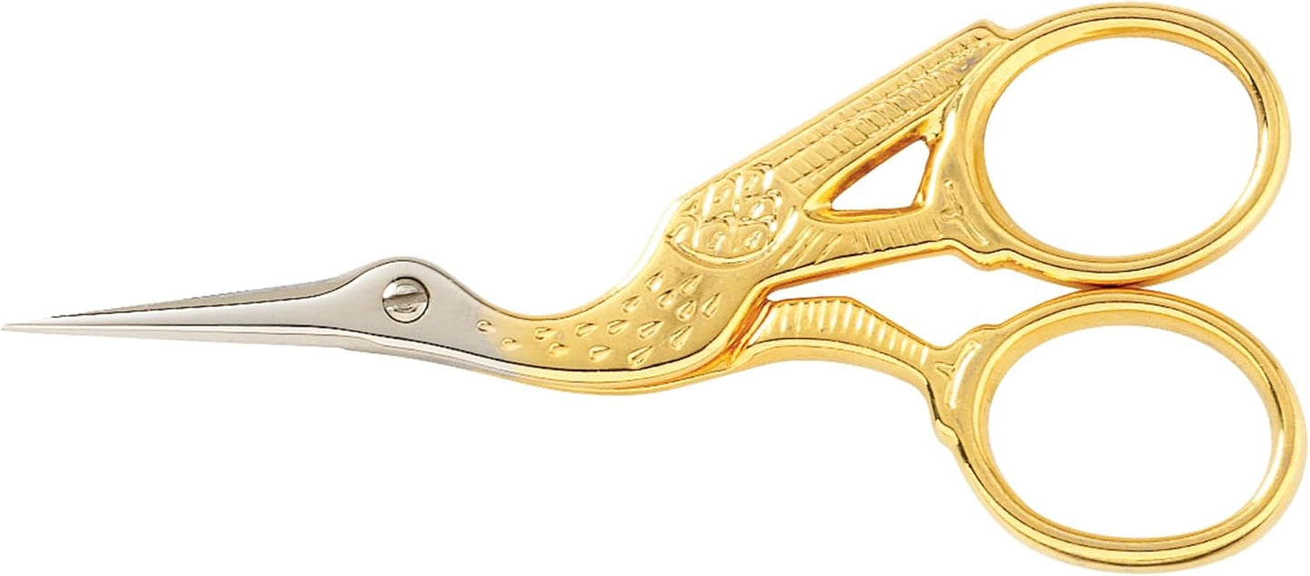 Gingher Stork Embroidery Scissors and Leather Sheath - 3.5" Craft Scissors for Fabric, Thread, and Needlework Yarn Cutting - Gold