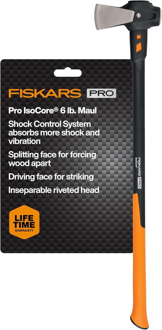 Fiskars Pro IsoCore 6 lb Splitting Maul, 36" Wood Splitter Axe for Firewood, Yard Work and Log Splitting, Shock-Absorbing Handle with Heavy-Duty Forged Steel Head, Firewood Tool, Black/Orange