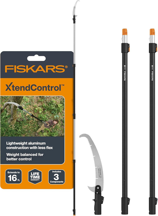 Fiskars XtendControl 16' Tree Pruner with 15" X3 Double-Hooked Saw, Two 4-8 Ft Extension Pole, Lightweight Aluminum Pole Saw for Fast Cutting with Sawdust Reliefs, Secure Locking System, Orange