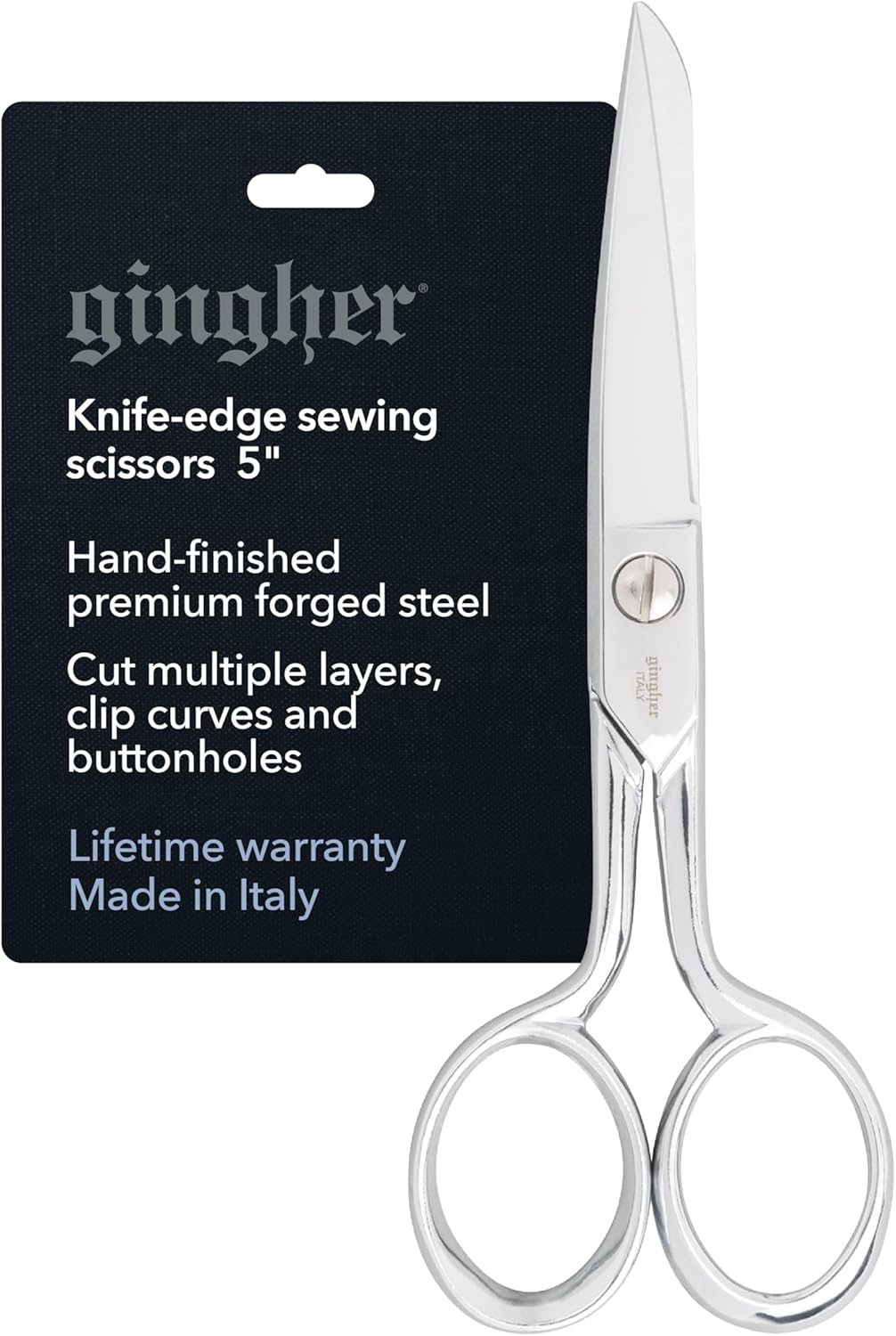 Gingher 5" Fabric Scissors, Premium Forged Steel Fabric Shears, Sharp Knife Edge Sewing Scissors for Cutting Cloth with Protective Sheath, Ambidextrous Design, Chrome Plated Nickel Finish