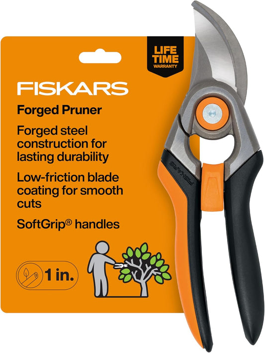 Fiskars Bypass Pruning Shears, 1" Cut Capacity Gardening Scissors, Forged Steel Replaceable Blade, SoftGrip Handle Garden Clippers, Rust Resistant Low Friction Coating for Branches & Stems