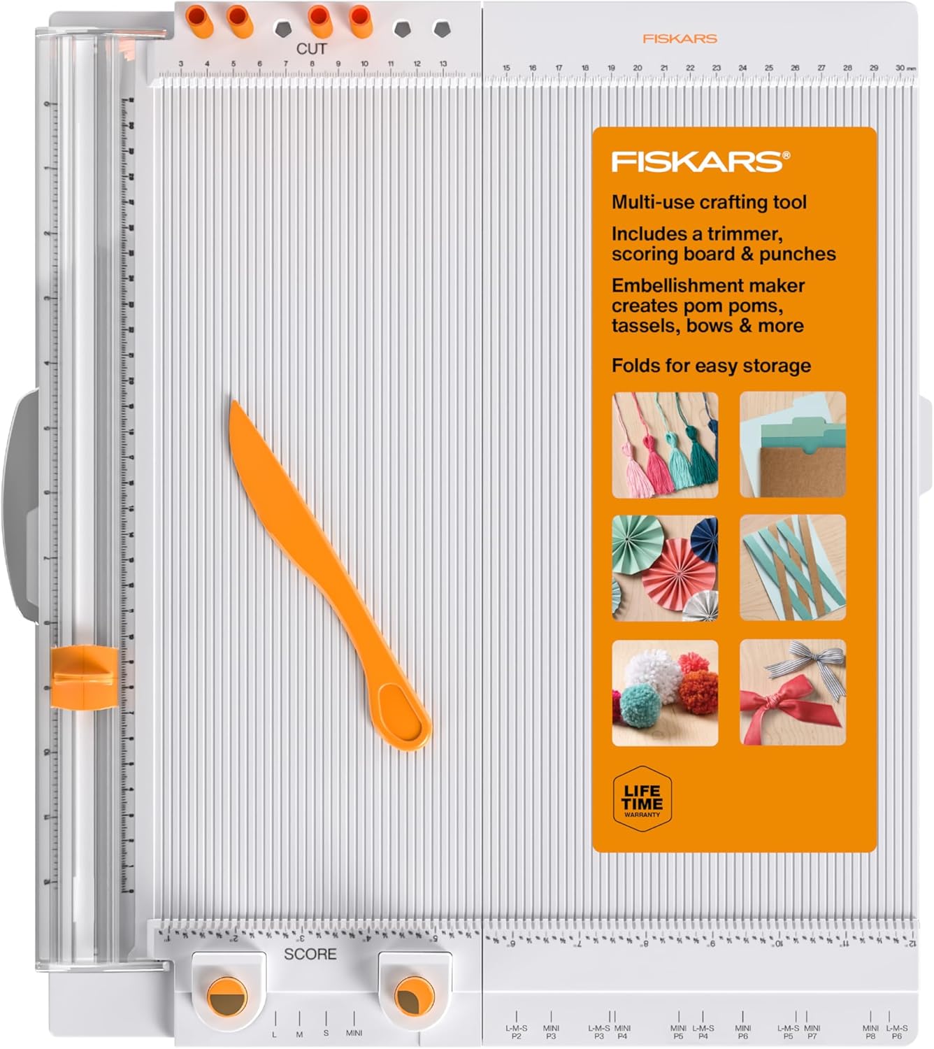Fiskars 12" All-in-One PPC Tool, TripleTrack System, Scoring Surface, Pom Pom and Tassel Maker, Compact Folding Design for Crafting