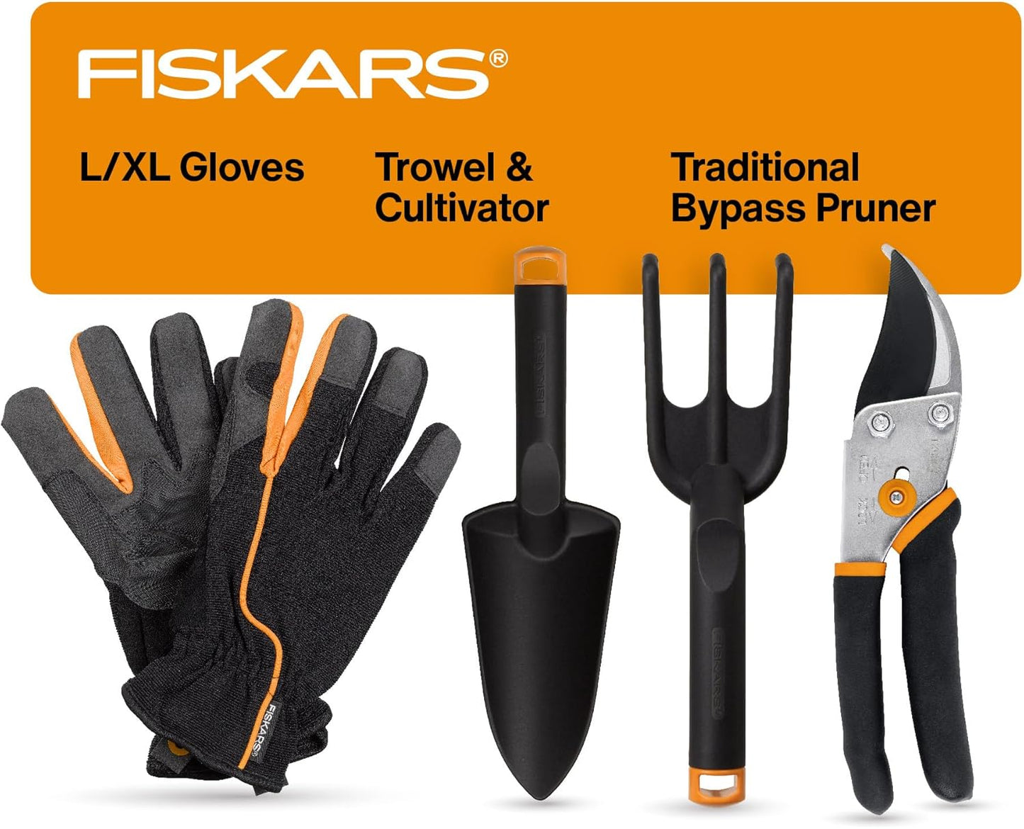 Fiskars 4-Piece House Plant Starter Tool Gift Set, Plant Care Accessories Set for Indoor Gardening and Potting, Pruning Shears with Steel Blade, FiberComp Trowel & Cultivator, L/XL Garden Gloves